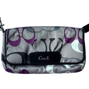 Coach Signature C Large Flap Sateen Wristlet Pouchette F47001 in Khaki & Purple